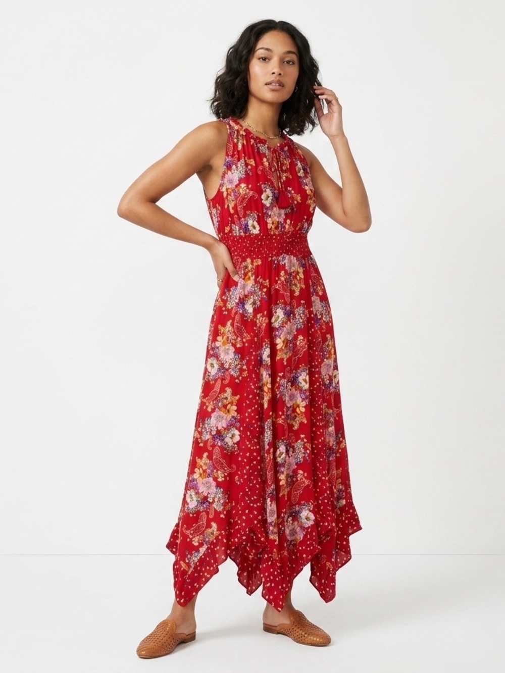 Bila Tie Neck Smocked Asymmetrical Floral Paisley Maxi Dress Red XXL